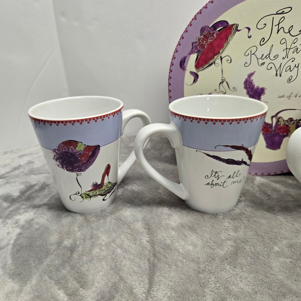 The Red Hat Way Set of 4 Coffee Mugs with Decorative Box Purple Red Hat Society - Picture 4 of 8